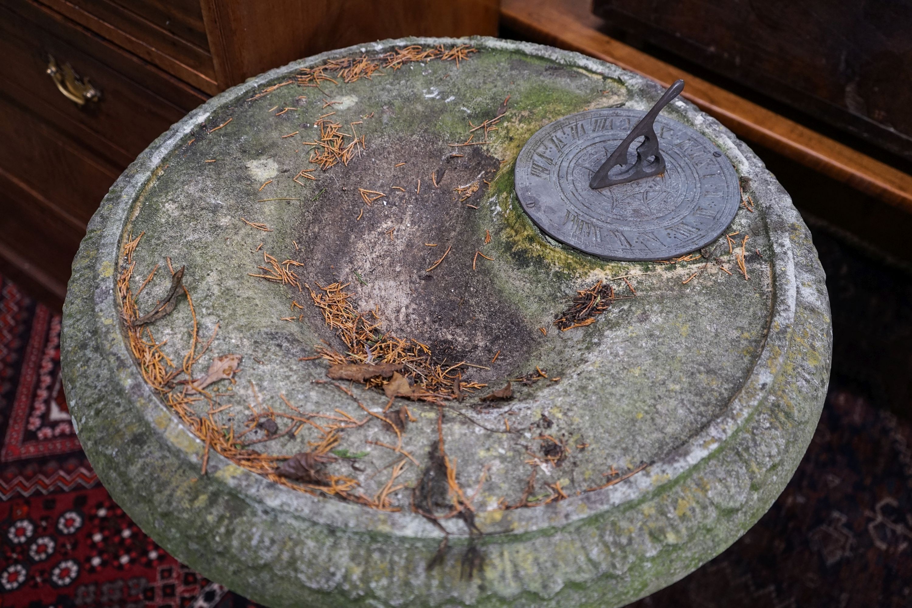 A reconstituted stone garden bird bath / sundial on square pedestal, height 110cm (a.f.)